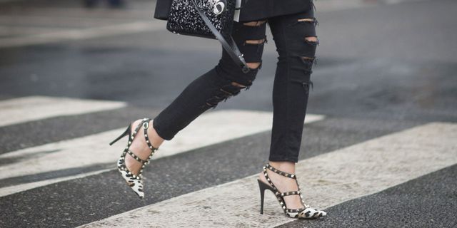 Street fashion, Clothing, Black, Footwear, Fashion, Jeans, Ankle, Shoe, High heels, Joint, 