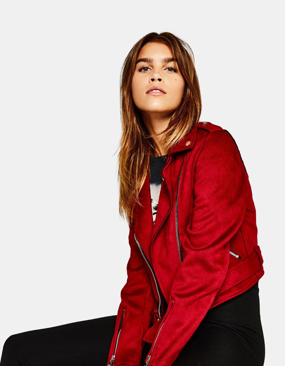 Red, Hoodie, Clothing, Outerwear, Hood, Jacket, Photography, Photo shoot, Coat, Long hair, 