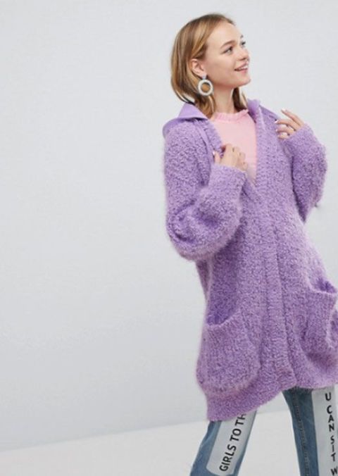 Clothing, Purple, Sweater, Outerwear, Lavender, Lilac, Cardigan, Violet, Fashion, Wool, 