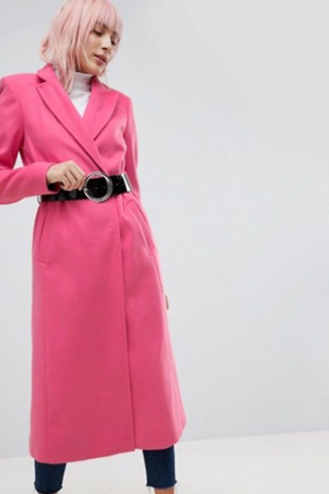 Clothing, Pink, Dress, Magenta, Fashion, Outerwear, Coat, Trench coat, Overcoat, Shoulder, 