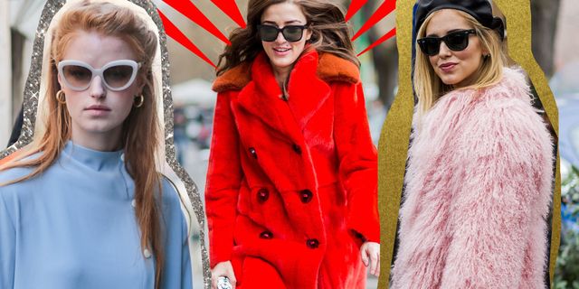 Eyewear, Sunglasses, Red, Clothing, Glasses, Street fashion, Fashion, Coat, Lip, Fur, 