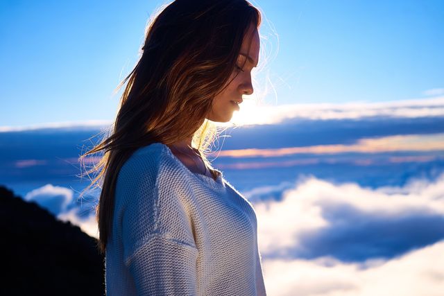 Sky, Hair, People in nature, Blue, Cloud, Beauty, Hairstyle, Shoulder, Mountain, Photography, 