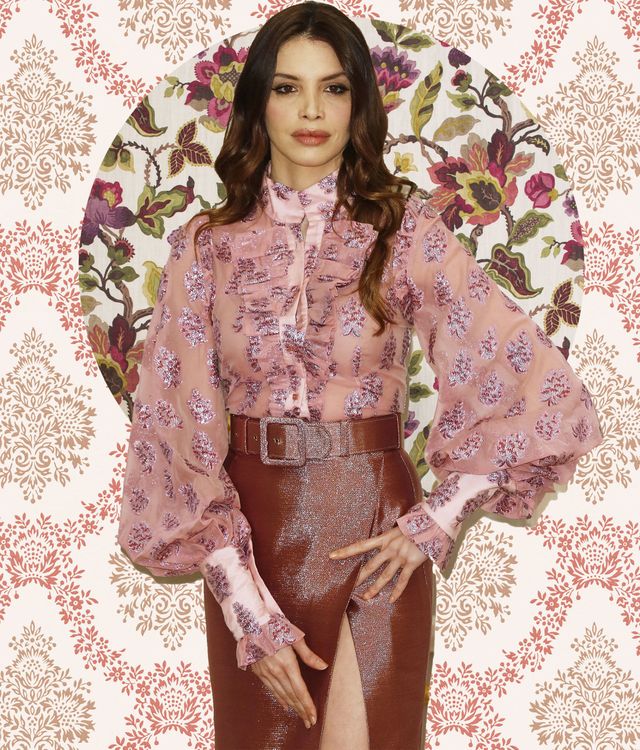 Clothing, Pink, Fashion, Sleeve, Textile, Silk, Blouse, Beige, Pattern, Costume, 