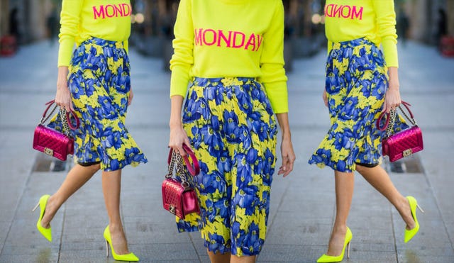 Clothing, Street fashion, Yellow, Waist, Footwear, Fashion, Electric blue, Dress, Shoe, Leg, 