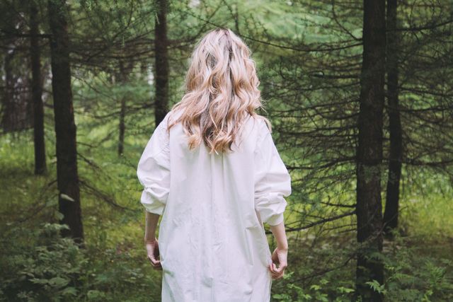 People in nature, Hair, White, Nature, Blond, Forest, Tree, Natural environment, Beauty, Long hair, 