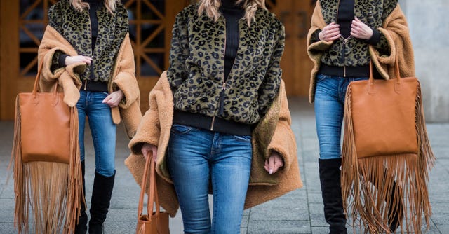 Jeans, Clothing, Denim, Fur, Street fashion, Fashion, Outerwear, Brown, Footwear, Textile, 