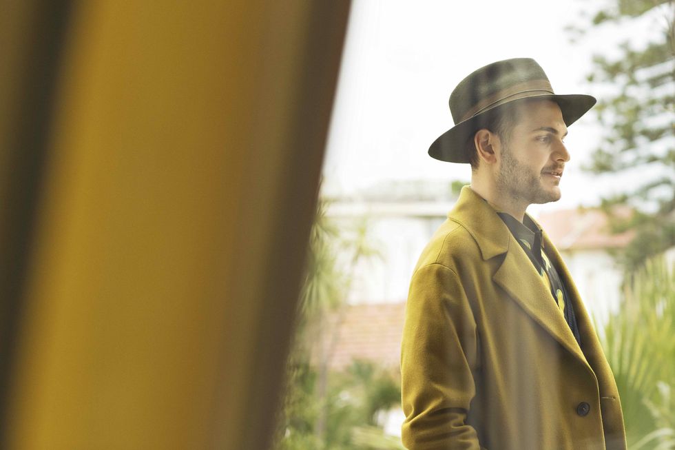 Yellow, Fashion, Human, Hat, Headgear, Fedora, Outerwear, Tree, Suit, Photography, 