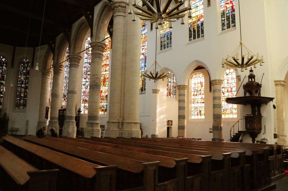 Chapel, Building, Architecture, Place of worship, Church, Altar, Ceiling, Interior design, Religious institute, Stained glass, 