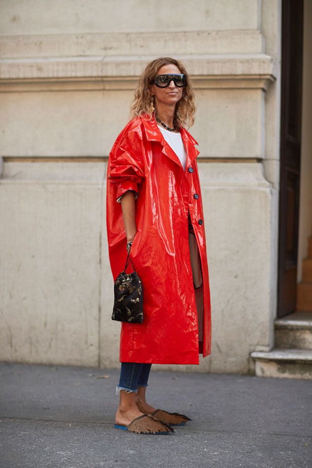 Clothing, Street fashion, Red, Fashion, Trench coat, Outerwear, Coat, Footwear, Leather, Pink, 