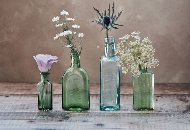 Bottle, Glass bottle, Mason jar, Still life photography, Still life, Green, Vase, Flower, Glass, Drinkware, 
