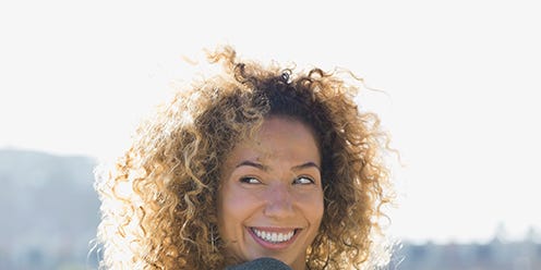 Human, Sleeve, Happy, Facial expression, People in nature, Ringlet, Sweater, Jheri curl, Brown hair, Laugh, 