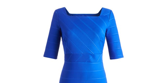 Blue, Sleeve, Dress, Standing, One-piece garment, Formal wear, Electric blue, Pattern, Cobalt blue, Aqua, 