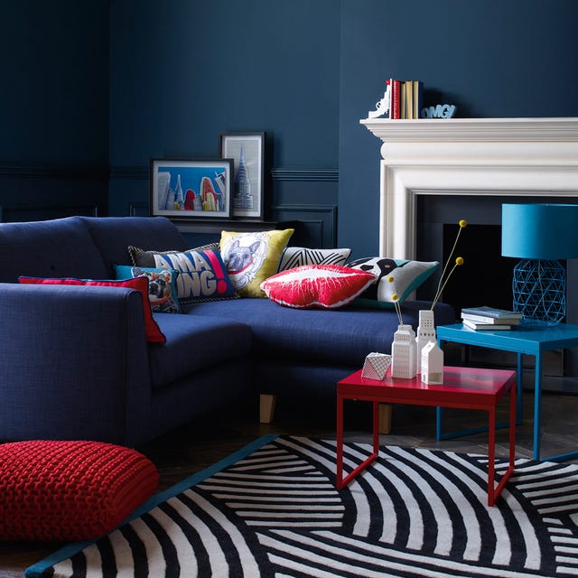 Blue, Room, Interior design, Living room, Furniture, Wall, Home, Red, Couch, Table, 