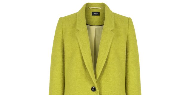 Clothing, Coat, Yellow, Collar, Sleeve, Textile, Outerwear, Blazer, Button, Overcoat, 