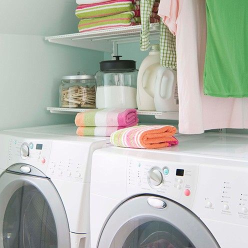 Washing machine, Clothes dryer, Major appliance, Laundry room, Pink, Dishware, Home appliance, Laundry, Shelf, Grey, 