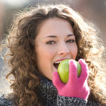Lip, Hairstyle, Happy, Facial expression, Produce, Natural foods, People in nature, Fruit, Tooth, Beauty, 