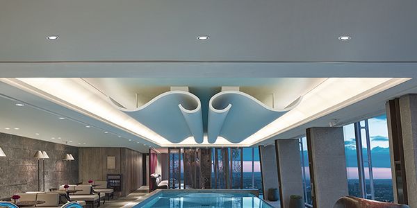 Floor, Interior design, Ceiling, Swimming pool, Aqua, Composite material, Tile, Symmetry, Hall, Hotel, 