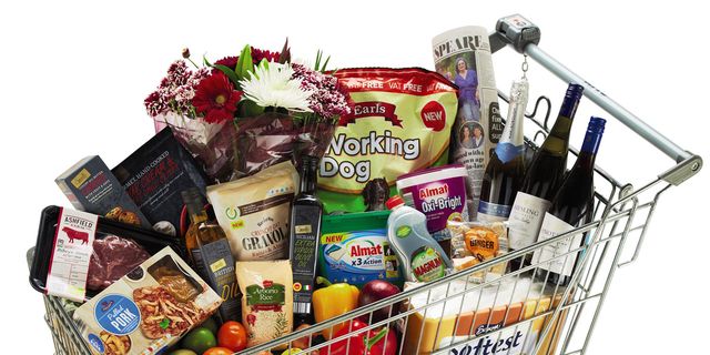Shopping cart, Basket, Cart, Home accessories, Storage basket, Food storage, Present, Hamper, Gift basket, Convenience food, 