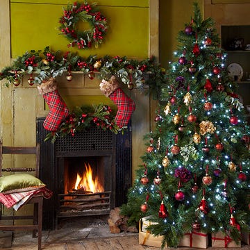 Event, Christmas decoration, Room, Interior design, Red, Christmas tree, Hearth, Interior design, Christmas ornament, Umbrella, 