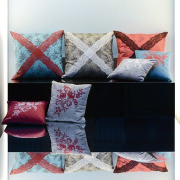 Blue, Throw pillow, Cushion, Room, Textile, Pillow, Red, Interior design, Pattern, Linens, 