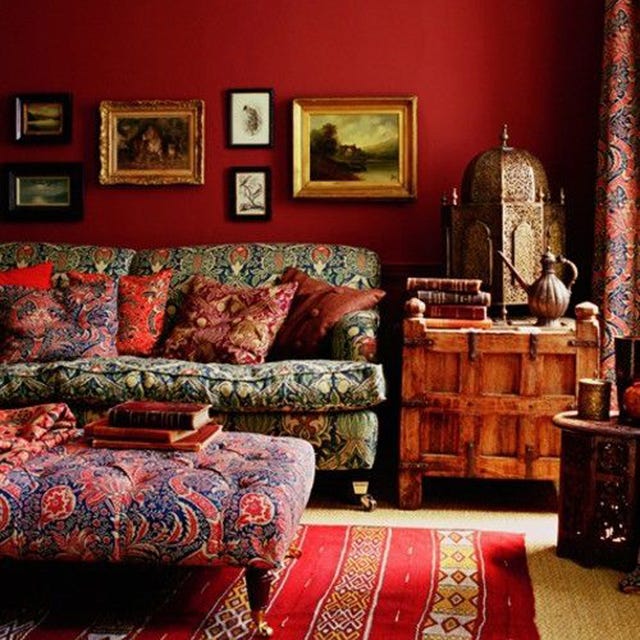 Room, Wood, Interior design, Wall, Furniture, Red, Couch, Living room, Interior design, Flooring, 
