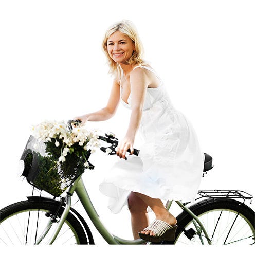 Bicycle wheel rim, Bicycle, Dress, Sitting, Bouquet, Bicycle wheel, Bicycle tire, Bicycle part, Bridal clothing, Bicycle accessory, 