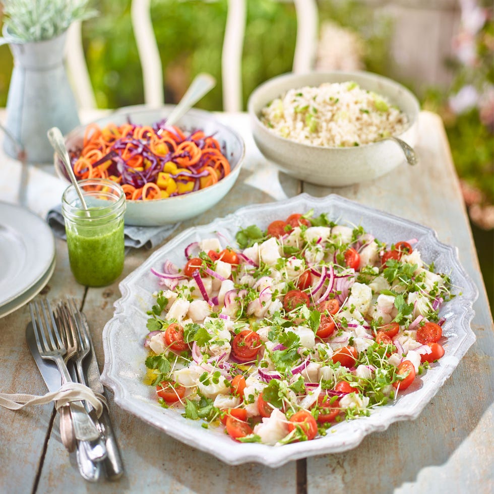 food, dishware, cuisine, serveware, tableware, salad, kitchen utensil, dish, cutlery, meal,