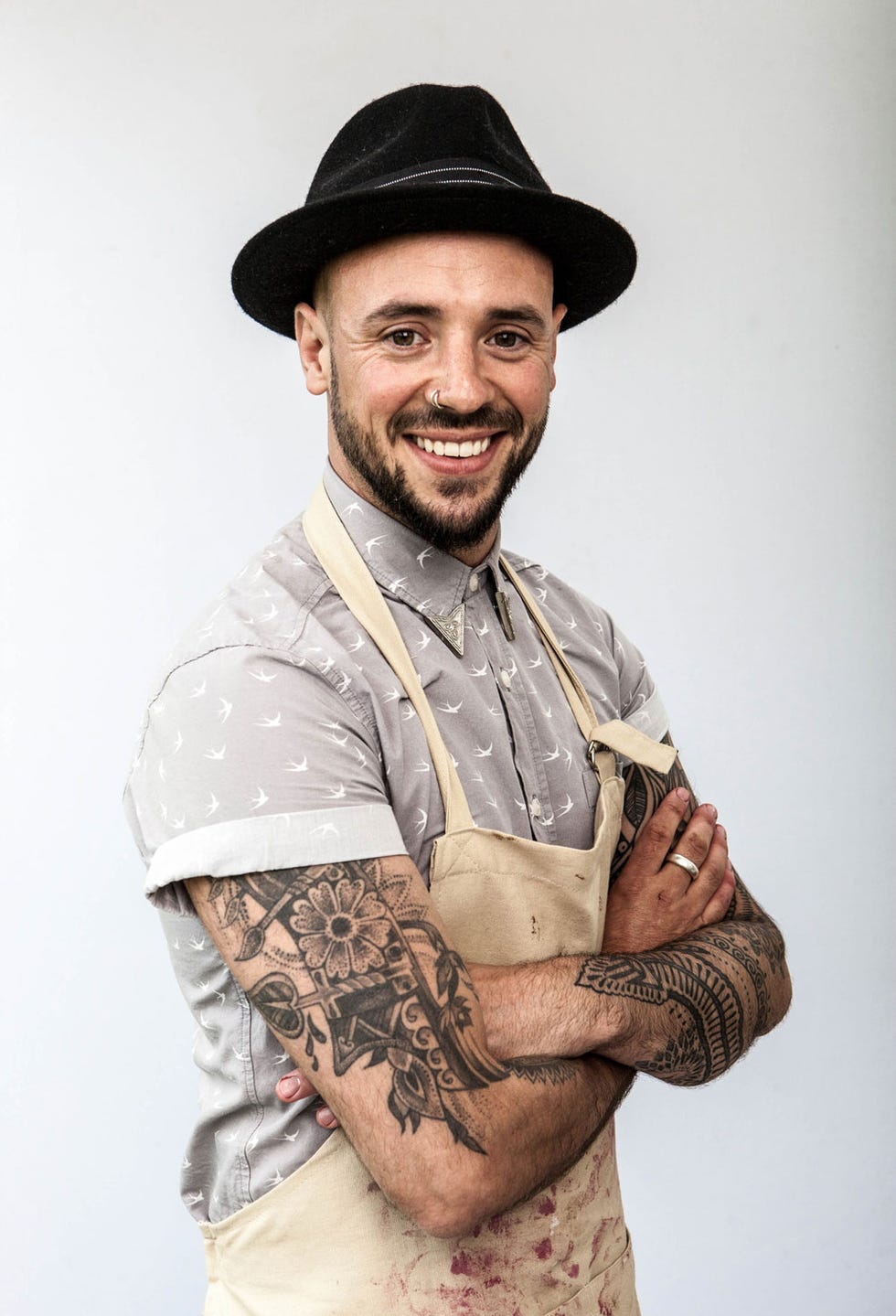 Arm, Human, Smile, Hat, Sleeve, Dress shirt, Shirt, Hand, Facial hair, Joint, 