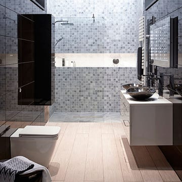 Floor, Flooring, Property, Plumbing fixture, Tile, Wall, Room, Interior design, Fixture, Sink, 