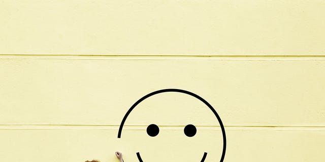 Yellow, Emoticon, Jeans, Smiley, Line, Denim, Street fashion, Circle, Icon, Gesture, 