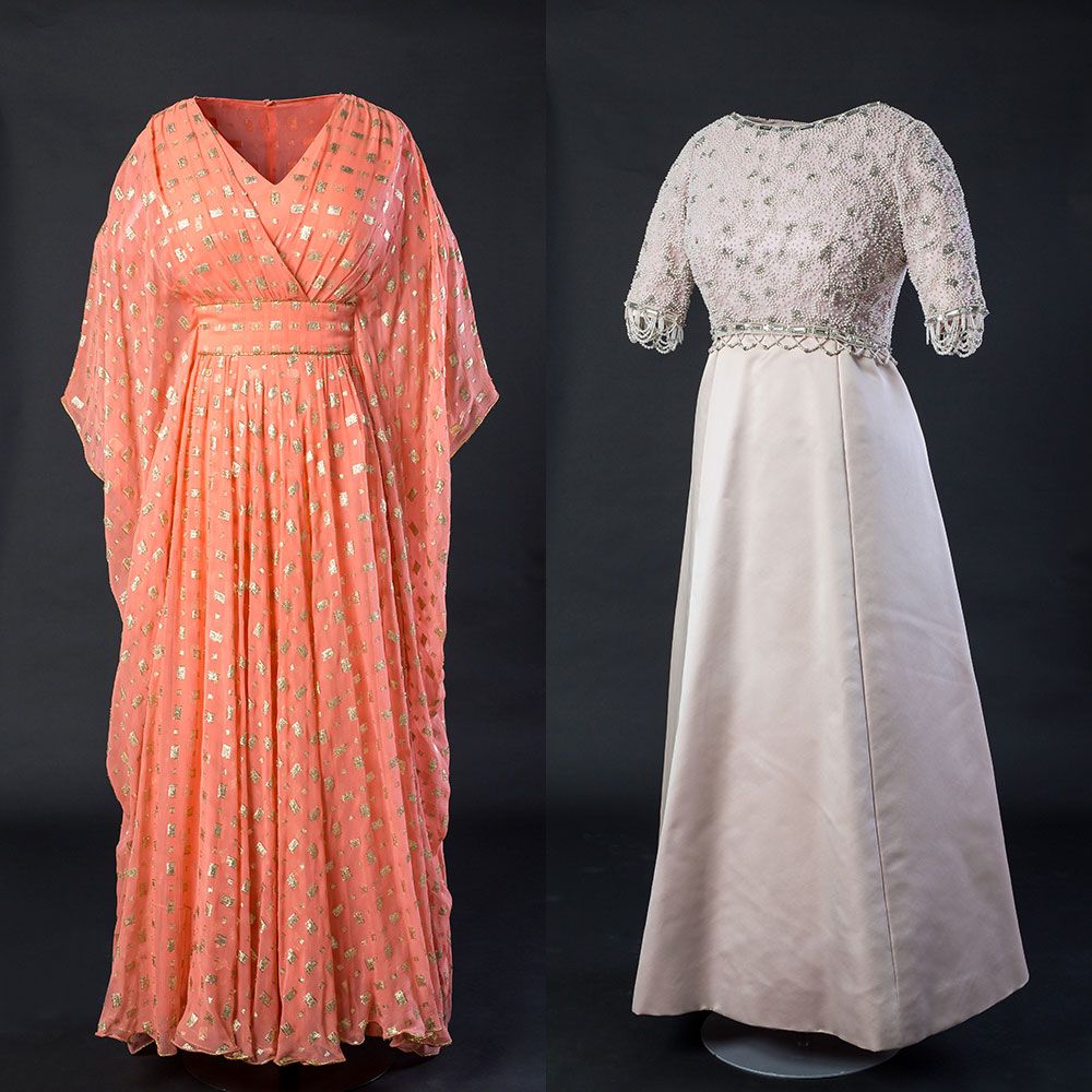 Dress, Sleeve, Textile, One-piece garment, Formal wear, Pattern, Fashion, Day dress, Peach, Gown, 