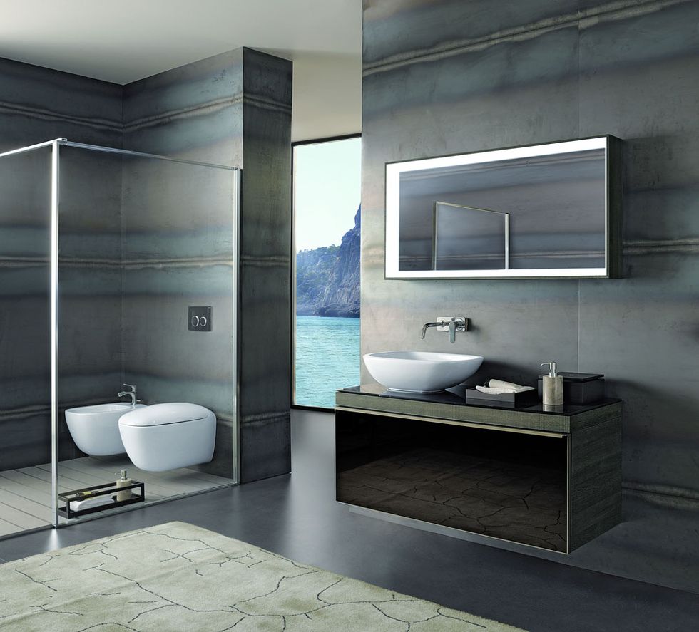 Plumbing fixture, Blue, Bathroom sink, Room, Architecture, Interior design, Property, Floor, Wall, Tap, 