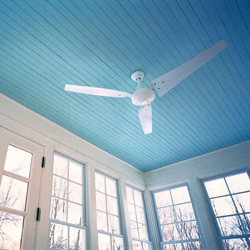 Blue, Daytime, Green, Window, Wood, Interior design, Room, Ceiling, Ceiling fan, Wall, 