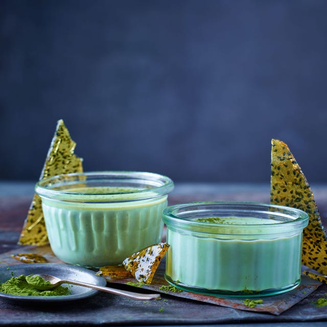 matcha panna cotta and sesame brittle