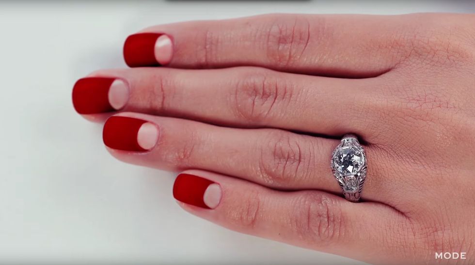 Finger, Skin, Nail, Jewellery, Nail care, Red, Manicure, Nail polish, Style, Ring, 