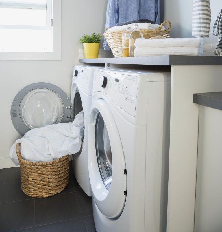 Washing machine, Room, Laundry room, Clothes dryer, Major appliance, Laundry, Grey, Basket, Home accessories, Home, 