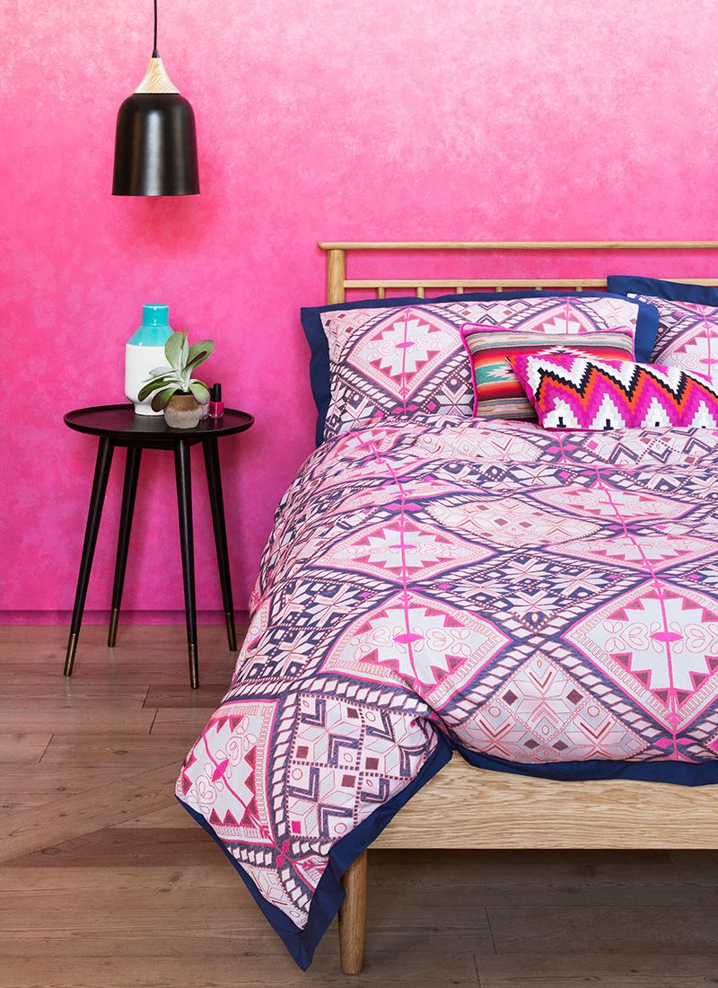 Room, Textile, Interior design, Pink, Magenta, Linens, Purple, Lamp, Bedding, Bed, 
