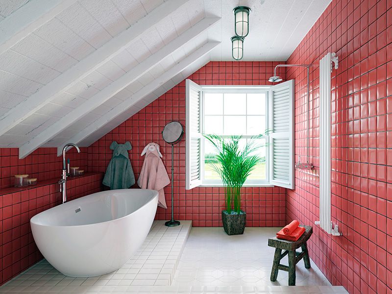 Green, Interior design, Property, Plumbing fixture, Room, Floor, Wall, Red, Flowerpot, Ceiling, 