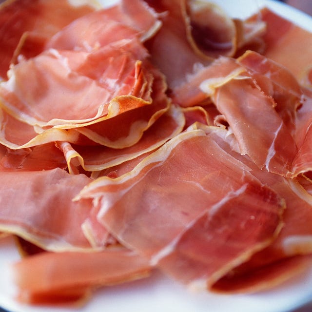 Bayonne ham, Pink, Food, Prosciutto, Pork, Peach, Salt-cured meat, Animal product, Jamón serrano, Cold cut, 