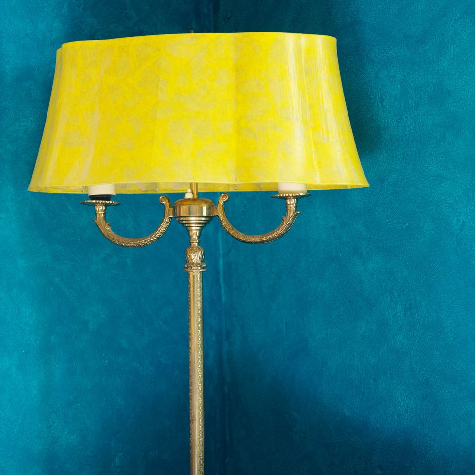 Lampshade, Yellow, Lamp, Lighting accessory, Tints and shades, Teal, Light fixture, Home accessories, Turquoise, Metal, 
