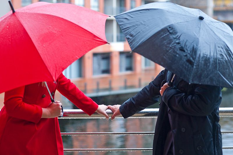 Sleeve, Umbrella, Winter, Red, Standing, Jacket, Interaction, Street fashion, Rain, Holding hands, 