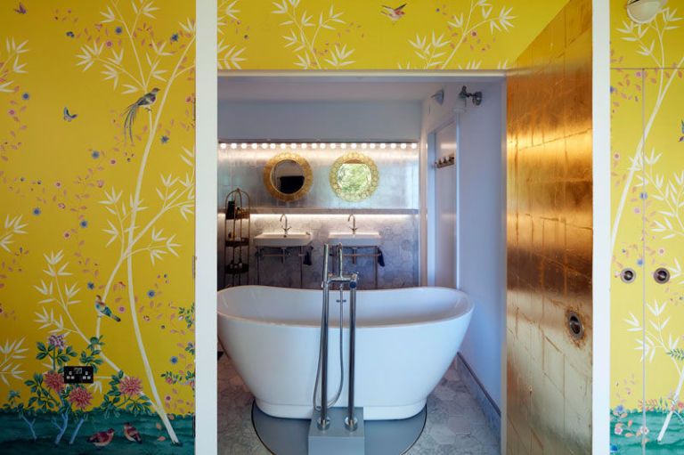 Yellow, Interior design, Plumbing fixture, Room, Property, Bathroom sink, Wall, Tile, Purple, Floor, 