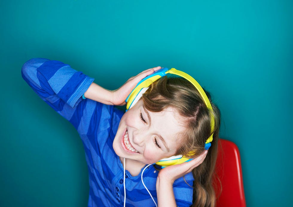 Happy, Tooth, Purple, Electric blue, Hearing, Laugh, Hair tie, Pigtail, Gesture, Hair accessory, 