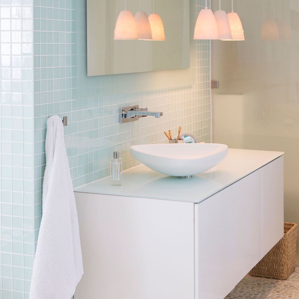 Blue, Plumbing fixture, Room, Bathroom sink, Interior design, Property, Architecture, Tile, Wall, Tap, 