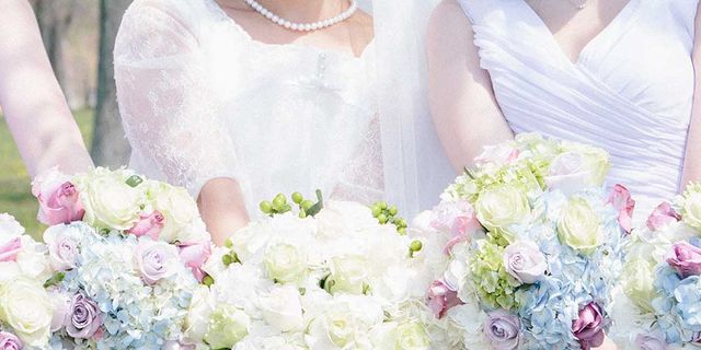 Bouquet, White, Photograph, Flower, Dress, Bride, Pink, Flower Arranging, Wedding dress, Purple, 