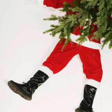 Red, Footwear, Christmas, Tree, Christmas decoration, Carmine, Plant, Shoe, Trousers, Santa claus, 
