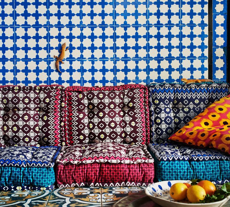 Blue, Textile, Pattern, Fruit, Furniture, Cushion, Pillow, Natural foods, Turquoise, Produce, 
