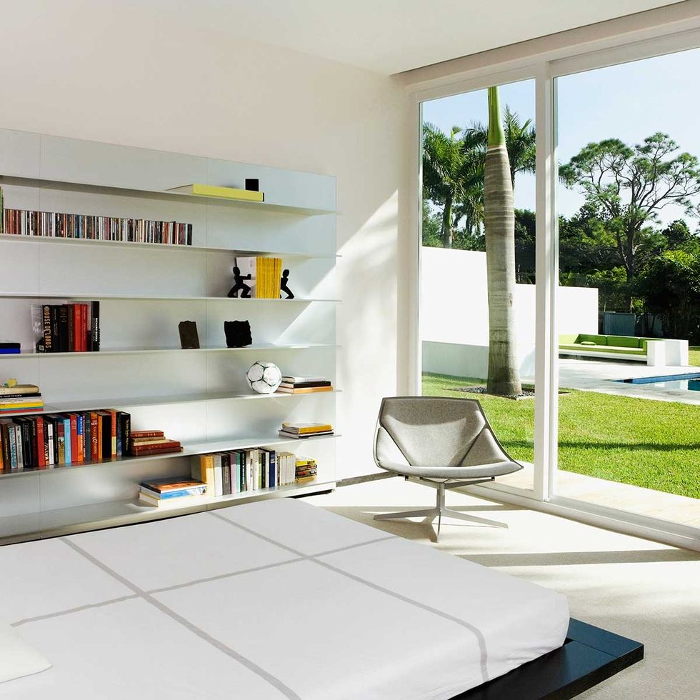 Furniture, White, Room, Property, Interior design, Living room, Building, House, Table, Shelf, 
