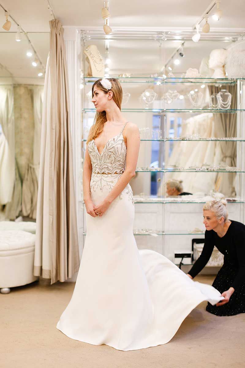 Clothing, Dress, Bridal clothing, Shoulder, Interior design, Textile, Photograph, White, Floor, Wedding dress, 