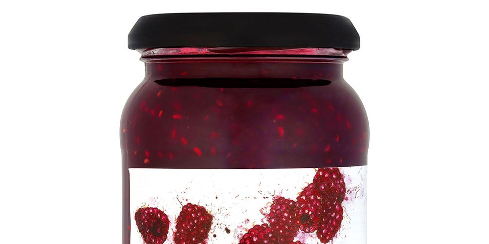 Red, Ingredient, Font, Fruit preserve, Carmine, Maroon, Food storage containers, Magenta, Lid, Condiment, 